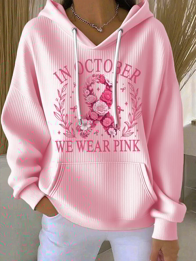 Women's Casual Floral Ribbon October We Wear Pink Textured Hoodie