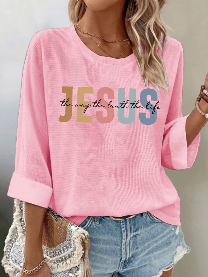Women's casual Jesus Three Truths waffle long-sleeved T-shirt