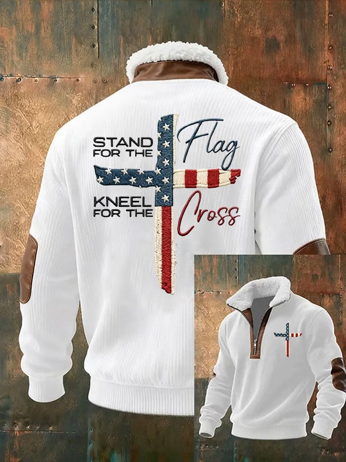 Men's Faith Cross Stand For Flag Kneel For The Cross Print Zipper Fur Collar Long-Sleeve Sweatshirt