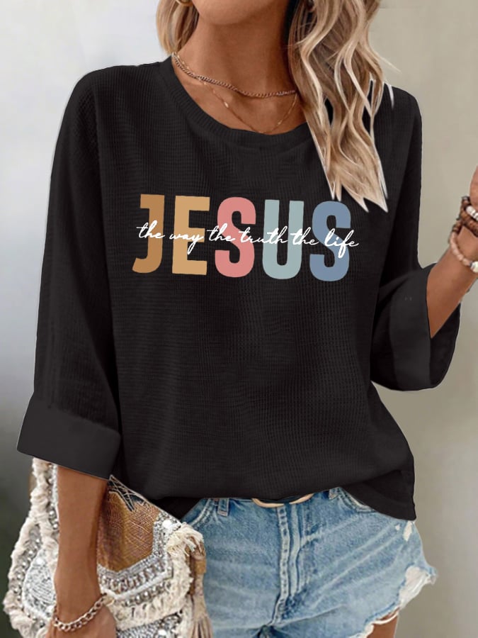 Women's casual Jesus Three Truths waffle long-sleeved T-shirt