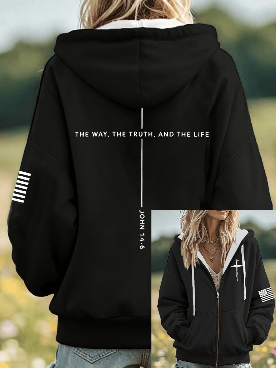 Women's Jesus The Way The Truth The Life John 14:6 Christian Cross Zip-Up Hoodie