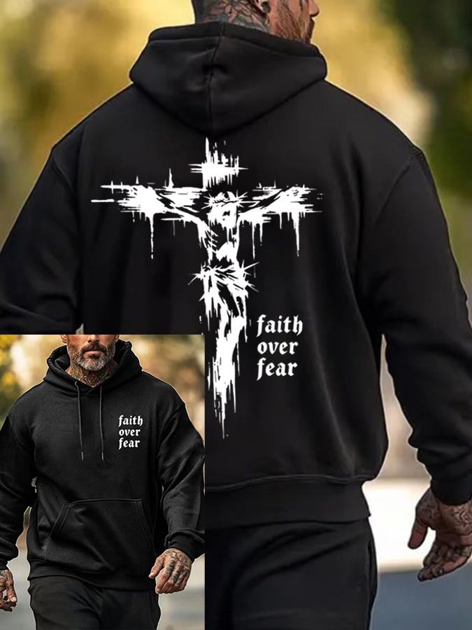 Men's Faith Over Fear Printed Casual Hoodie