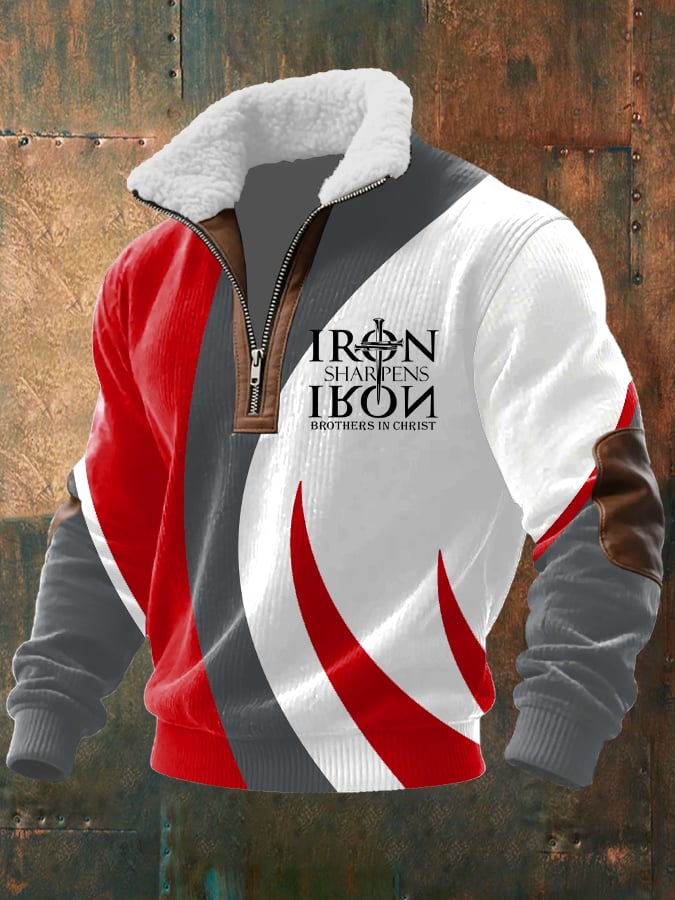 Men's Vintage Faith Design Printed Knit Fabric Zipper Fur Collar Long Sleeve Sweatshirt