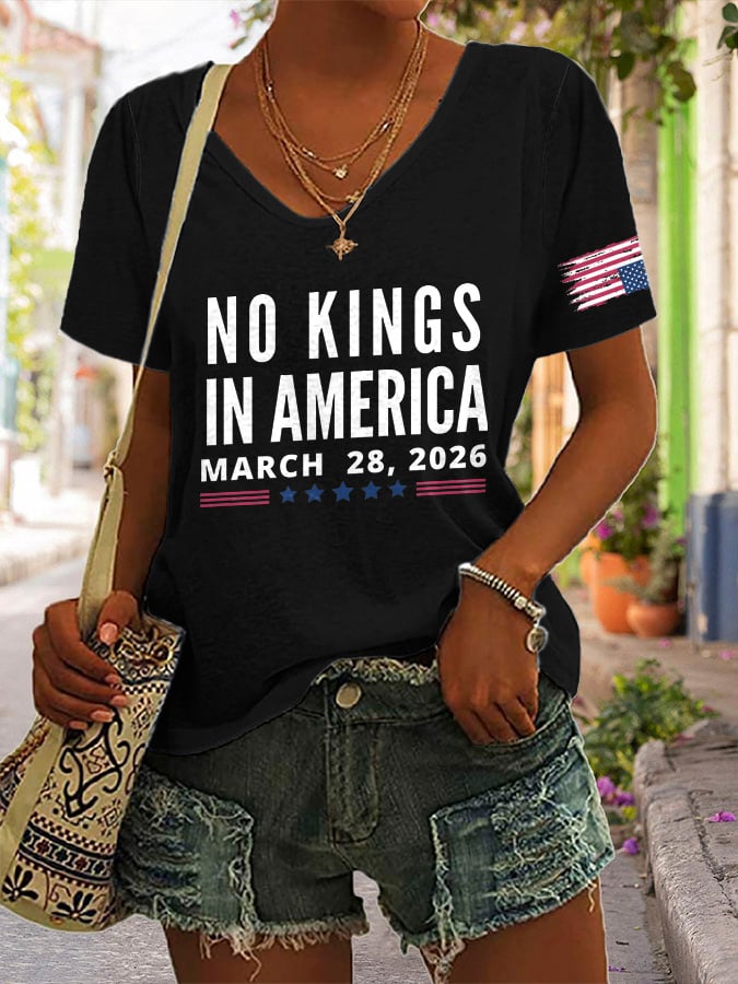 🔥Buy 3 Get 15% Off🔥V-Neck Retro No Kings In America March 28 2026 Print T-Shirt