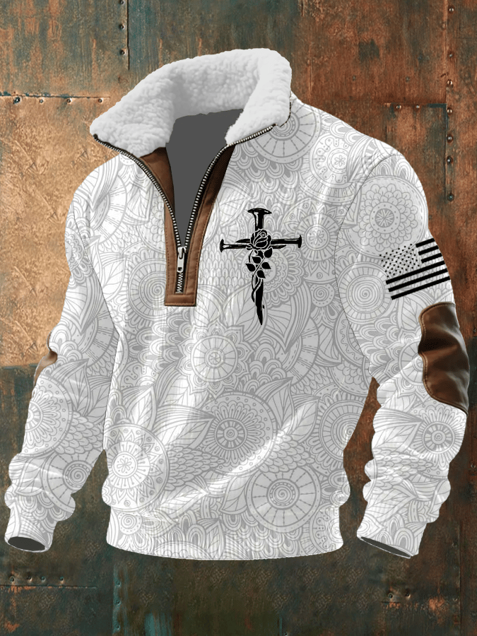Men's Faith Print Knitted Fabric Zipper Fur Collar Long-Sleeved Sweatshirt