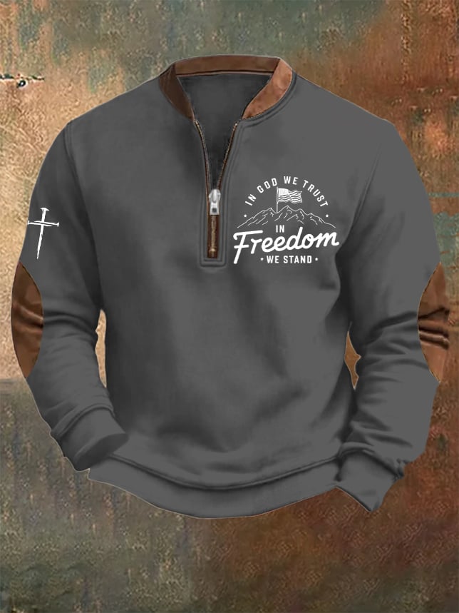 Men's Vintage Faith "In God We Trust In Freedom We Stand" Printed Zip Collar Sweatshirt