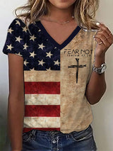 Women's Fear Not Vintage Flag Print V Neck T-Shirt