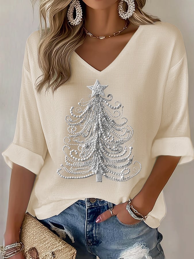 Women's Casual Christmas Tree Waffle Long Sleeve T-shirt