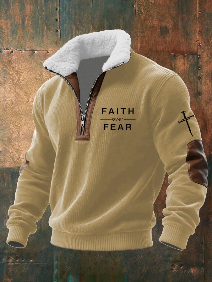 Men's Faith Over Fear Printed Knitted Fabric Zipper Fur Collar Sweatshirt