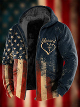 Men's Retro Printed Plush Hooded Zip Jacket