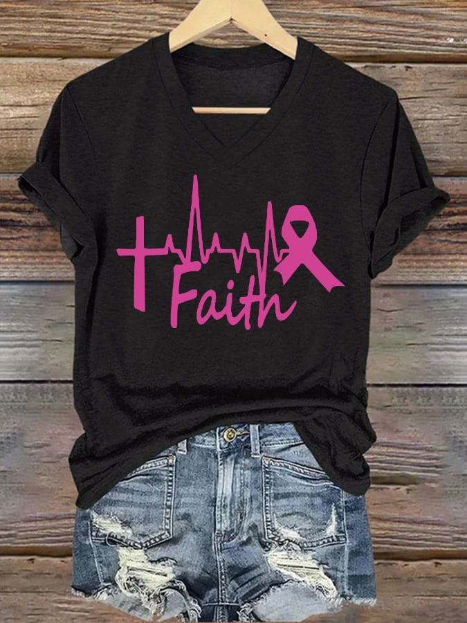 V-Neck Retro Breast Cancer Awareness Heartbeat Faith Print T-Shirt