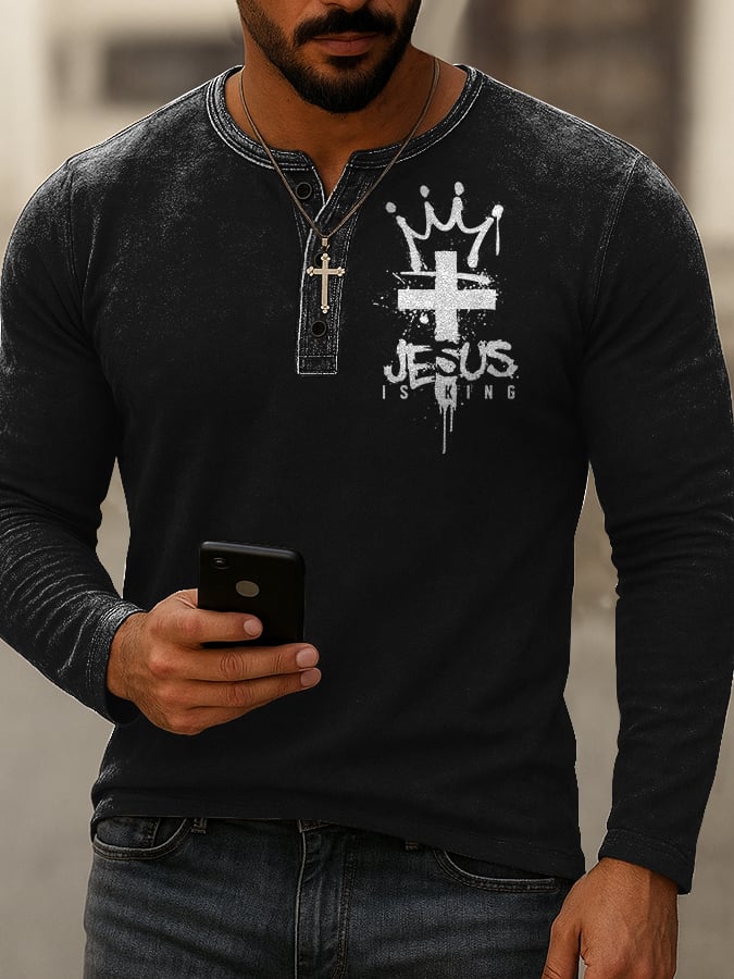 Men'S Casual Faith Print Henley