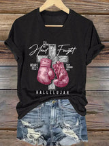 V-Neck Retro Breast Cancer Awareness I'll Bring My Hard Fought Heartfelt Been Through Hell Hallelujah Cross And Boxing Gloves Print T-Shirt
