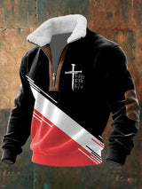 Men's Vintage Faith Design Printed Knit Fabric Zipper Fur Collar Long Sleeve Sweatshirt