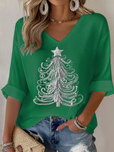 Women's Casual Christmas Tree Waffle Long Sleeve T-shirt