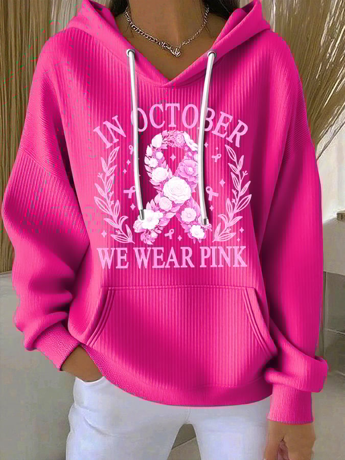 Women's Casual Floral Ribbon October We Wear Pink Textured Hoodie