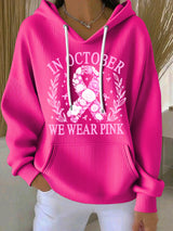 Women's Casual Floral Ribbon October We Wear Pink Textured Hoodie