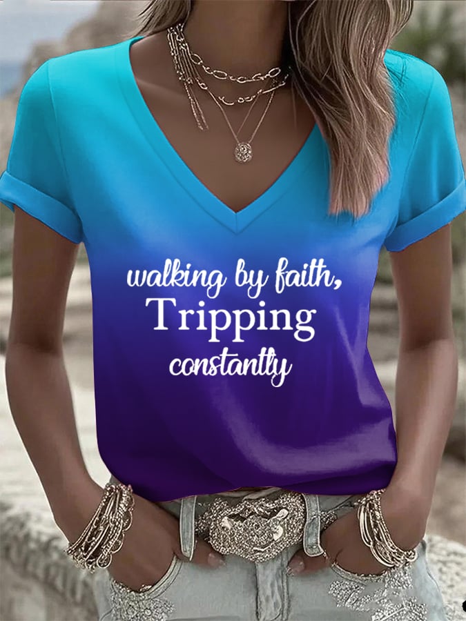 Women's Walking By Faith Tripping Constantly Print T-Shirt