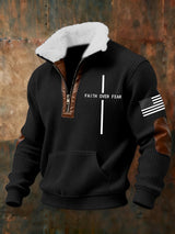 Men's Retro Faith Cross Print Zipper Fur Collar Long Sleeve Sweatshirt