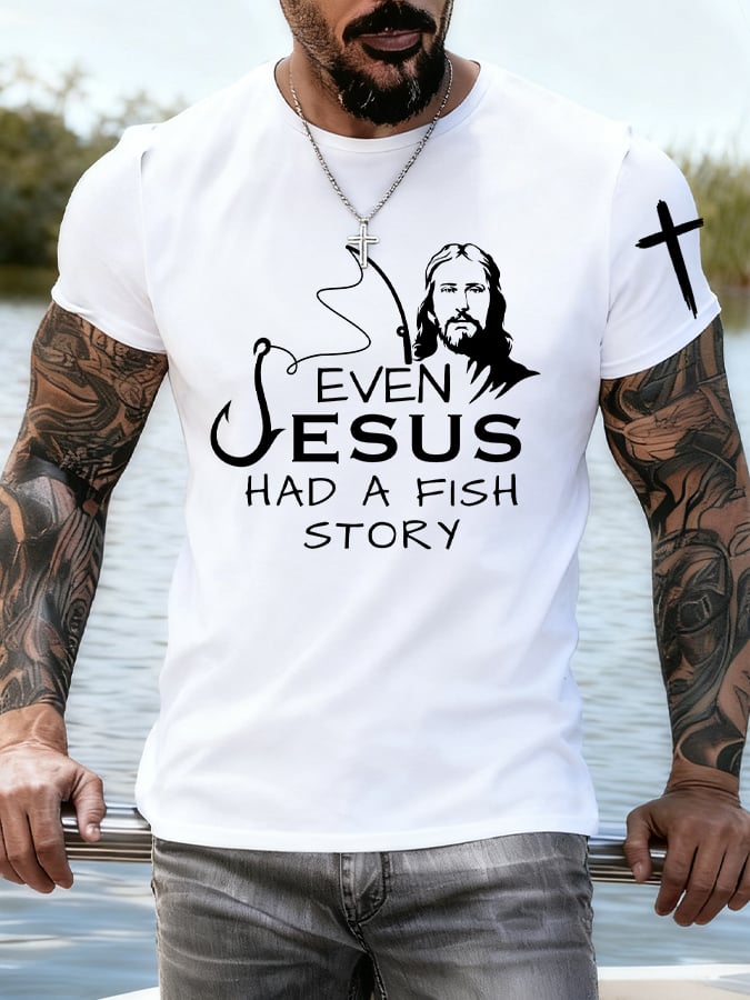 Men's Jesus Also Told The Story Of The Fish Printed T-Shirt