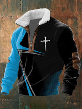 Men's Vintage Faith Design Printed Knit Fabric Zipper Fur Collar Long Sleeve Sweatshirt