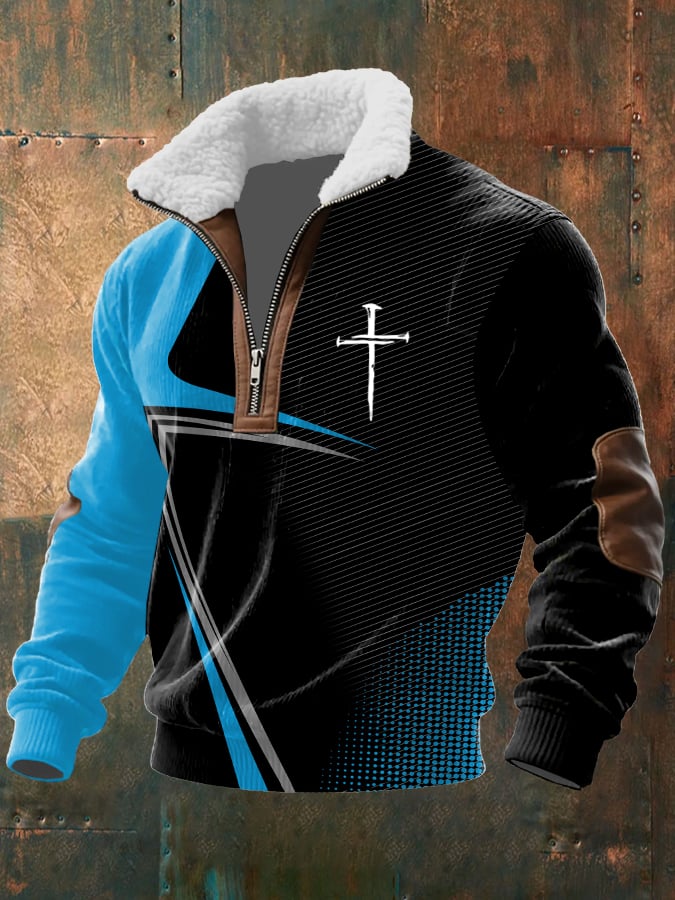 Men's Vintage Faith Design Printed Knit Fabric Zipper Fur Collar Long Sleeve Sweatshirt