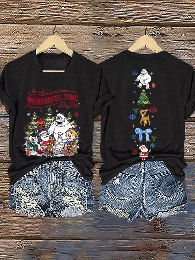 V-Neck Retro Christmas The Most Wonderful Time Of The Year Print T-Shirt