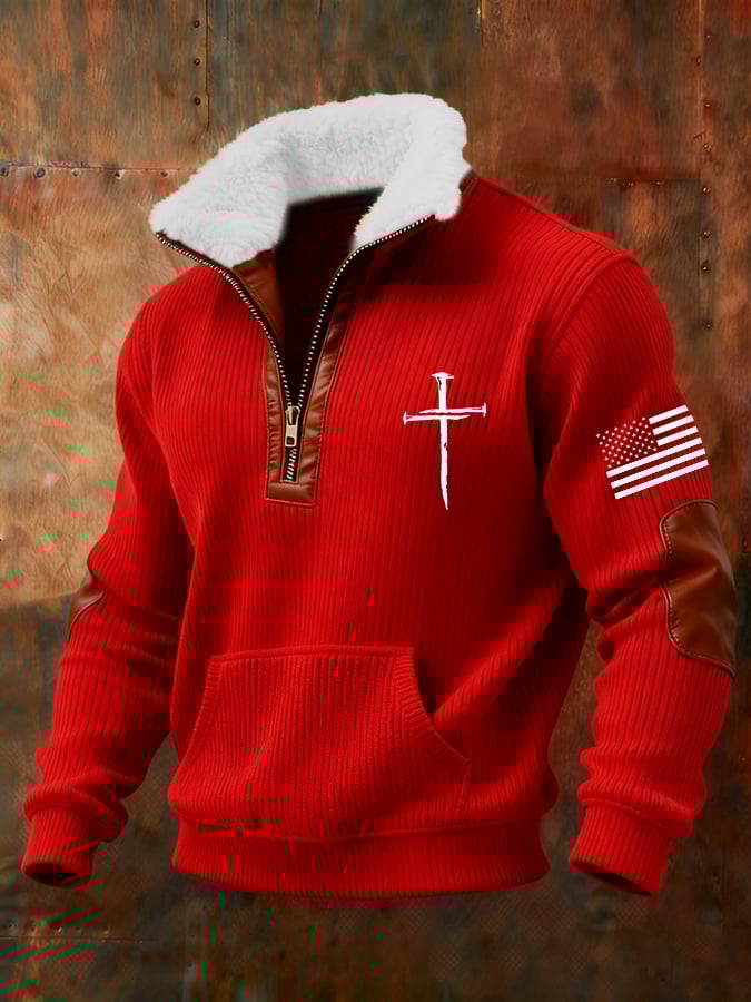 Men's Retro Faith Cross Print Zipper Fur Collar Long Sleeve Sweatshirt