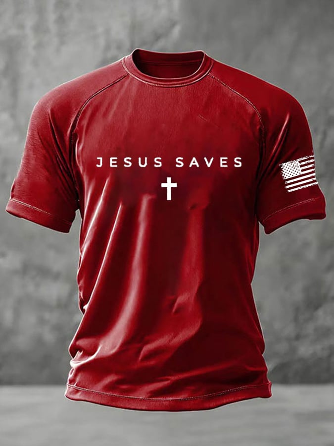 Men's Jesus Saves Faith Print Round Neck T-Shirt