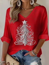 Women's Casual Christmas Tree Waffle Long Sleeve T-shirt