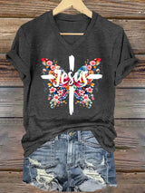 Women's Jesus Butterfly Cross Print Short Sleeve T-Shirt