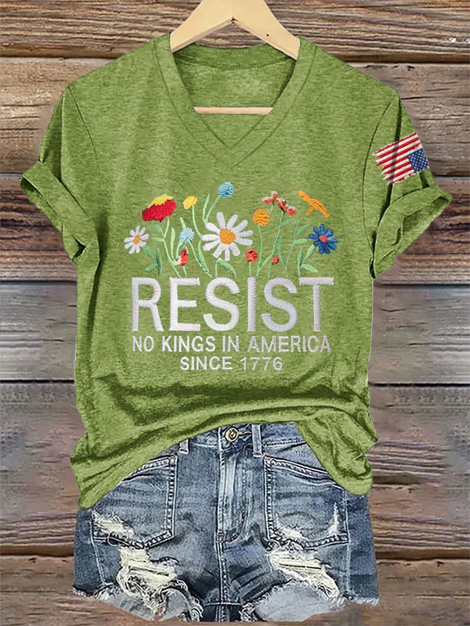 🔥Buy 3 Get 15% Off🔥V-Neck Retro Resist No Kings In America Since 1776 Print T-Shirt