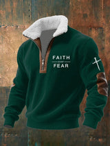 Men's Faith Over Fear Printed Knitted Fabric Zipper Fur Collar Sweatshirt