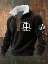 Men's Faith Print Knitted Fabric Zipper Fur Collar Long-Sleeved Sweatshirt