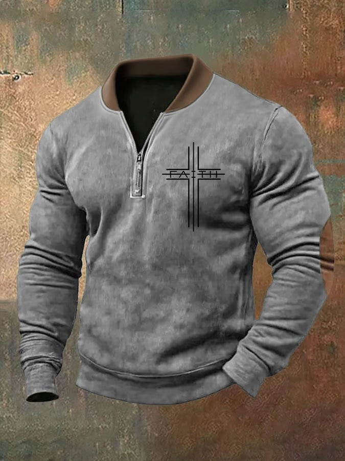 🔥Buy 3 Get 15% Off🔥Men's Faith Cross Print Zipper Neck Casual Sweatshirt