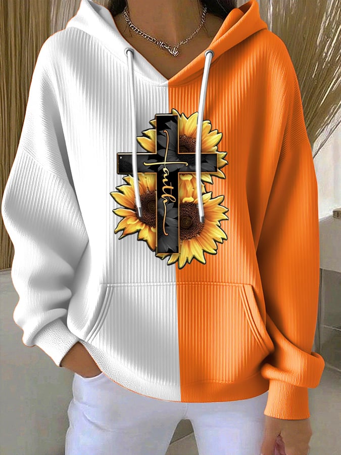 Women's Casual Retro Faith Contrast Color Textured Hoodie