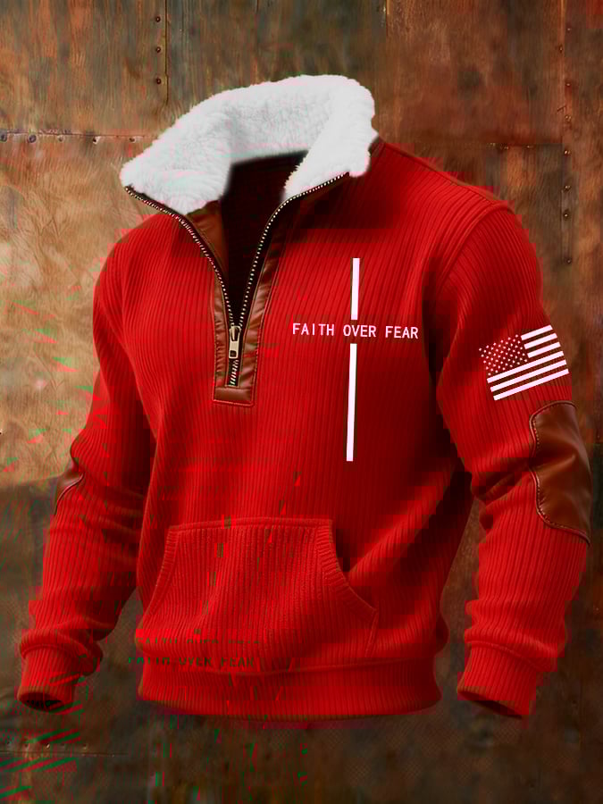 Men's Retro Faith Cross Print Zipper Fur Collar Long Sleeve Sweatshirt