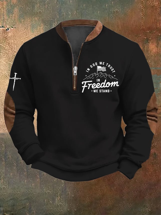 Men's Vintage Faith "In God We Trust In Freedom We Stand" Printed Zip Collar Sweatshirt