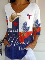 Women's casual retro God Bless Texas print striped T-shirt