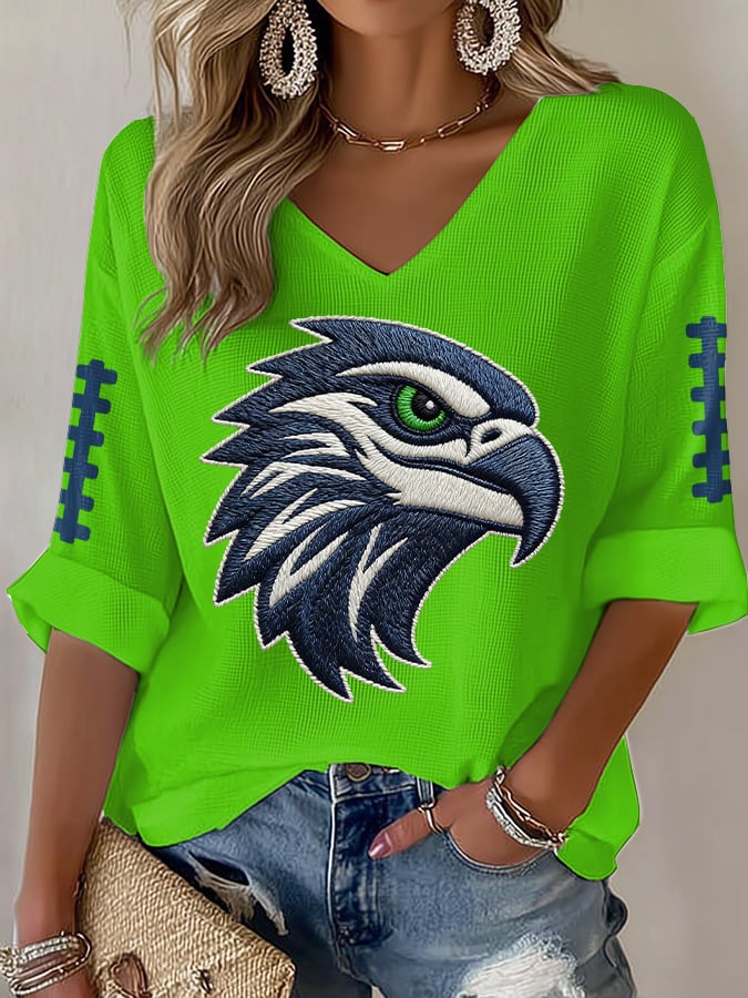 Women's Football Print Waffle Long Sleeve T-Shirt