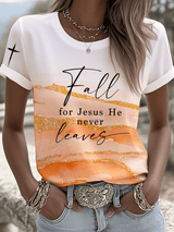 Women's Retro Fall For Jesus He Never Leaves Printed Casual T-Shirt