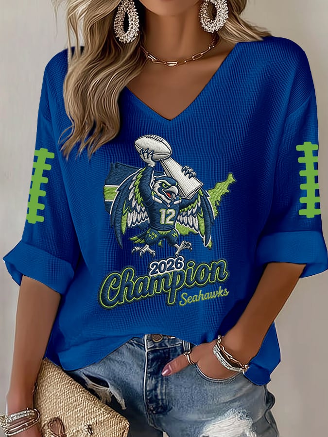 Women's Football Print Waffle Long Sleeve T-Shirt