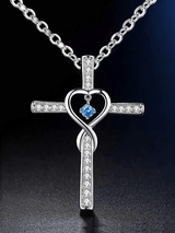 Women's Cross Encrusted Zircon Pendant Love Shaped Birthstone Necklace