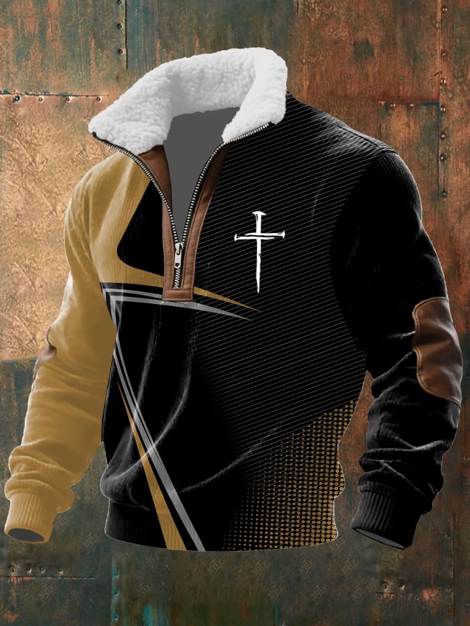 Men's Vintage Faith Design Printed Knit Fabric Zipper Fur Collar Long Sleeve Sweatshirt