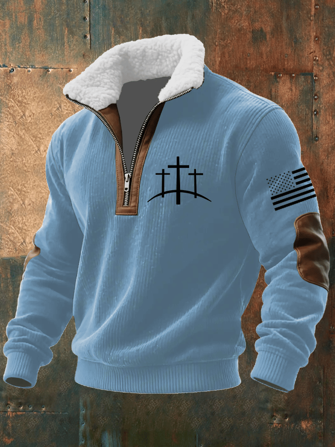 Men's Faith Print Knitted Fabric Zipper Fur Collar Long-Sleeved Sweatshirt