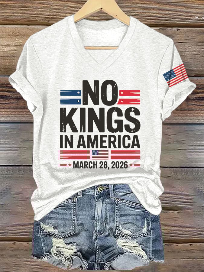 🔥Buy 3 Get 15% Off🔥V-Neck Retro No Kings In America March 28 2026 Print T-Shirt