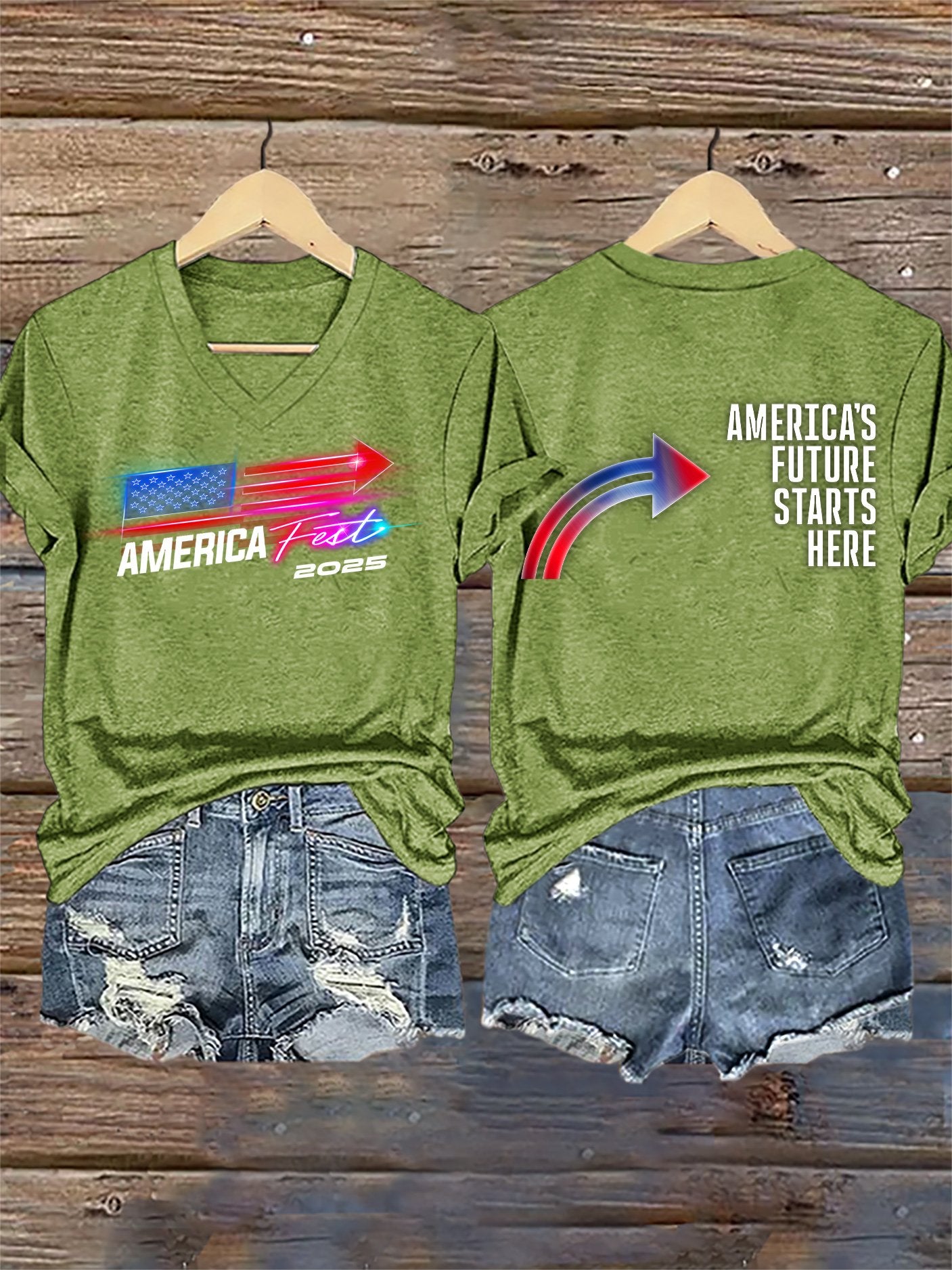 V-Neck Retro America Fest 2025 America's Future Starts Here Print T-Shirt
