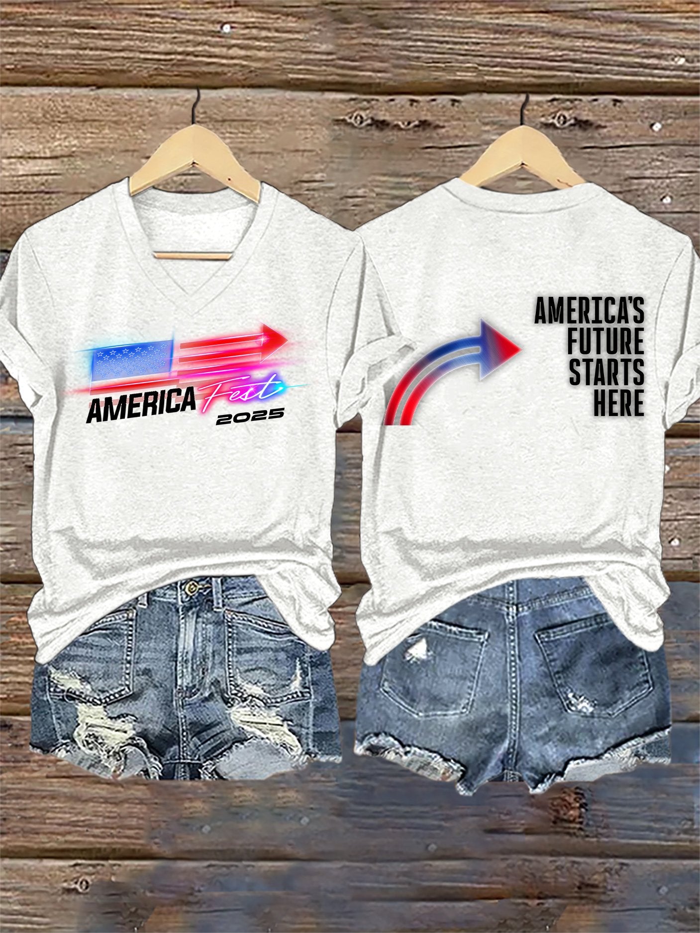 V-Neck Retro America Fest 2025 America's Future Starts Here Print T-Shirt