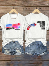 V-Neck Retro America Fest 2025 America's Future Starts Here Print T-Shirt