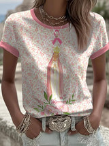 Women's Virgin Mary Pink Breast Cancer Awareness Print Round Neck T-Shirt